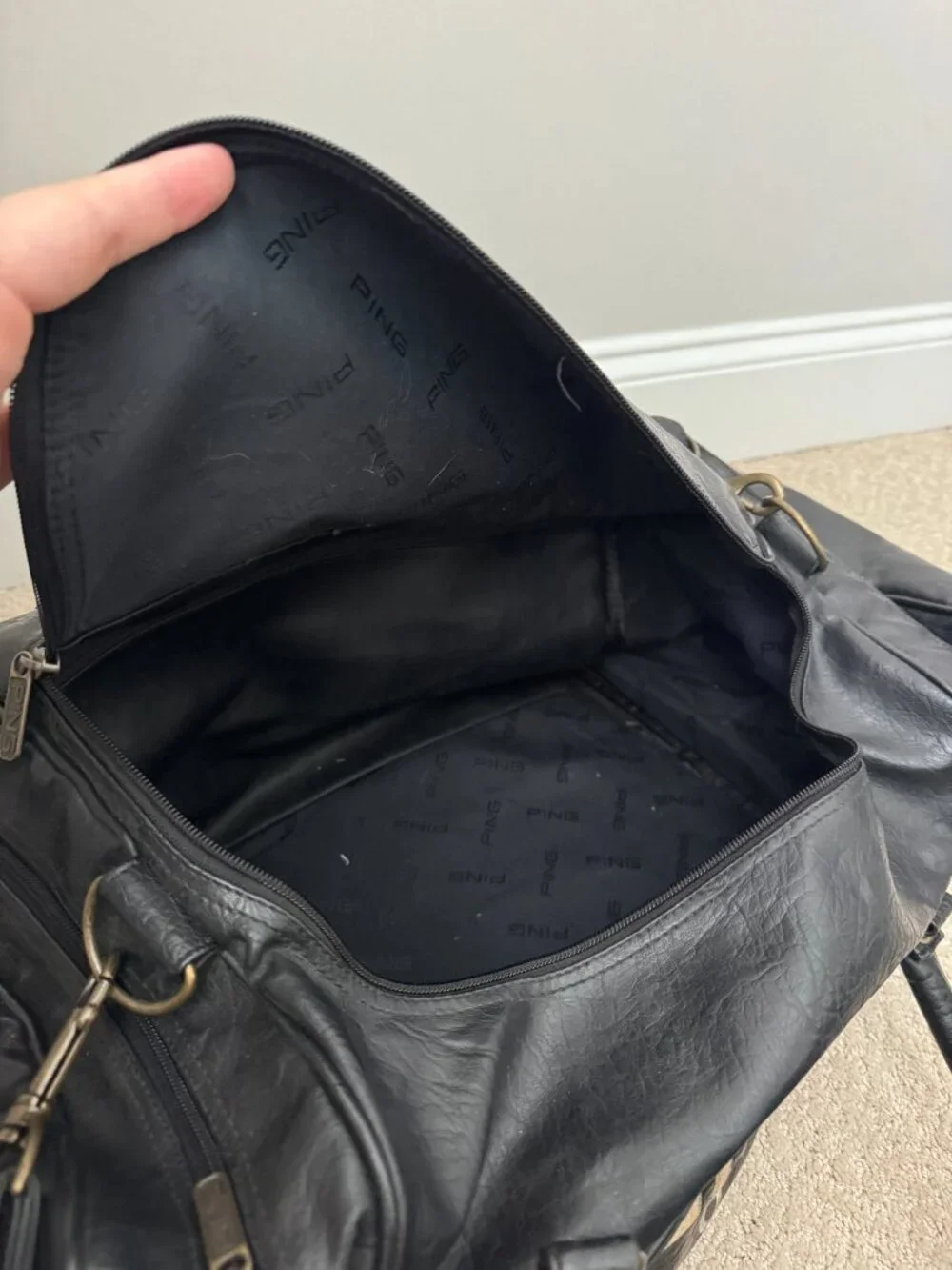 Ping Golf Vintage Leather Duffle Bag Black Leather Embroidered Adjustable Detach